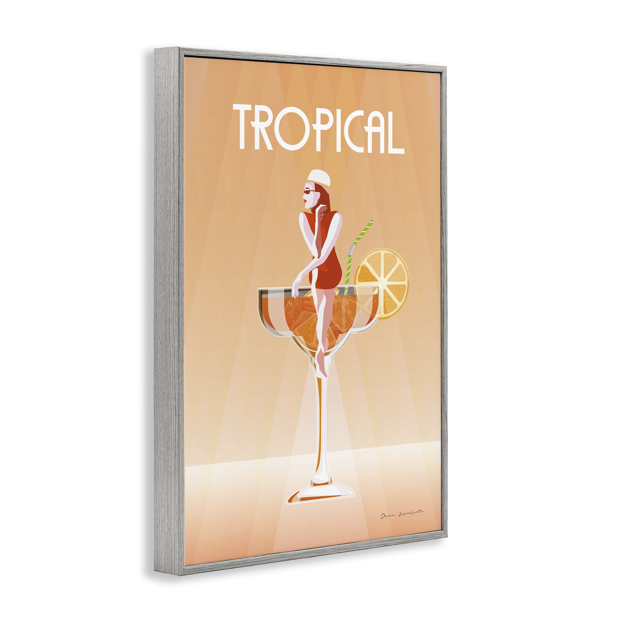 Stupell Industries Tropical Drink Girl Food & Beverage Painting Gray Framed Art Print Wall Art, 16 x 24