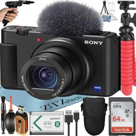 Sony ZV-1F Vlogging Camera (Black) with SanDisk 64GB Memory Card + Tripod + ZeeTech Accessory Bundle