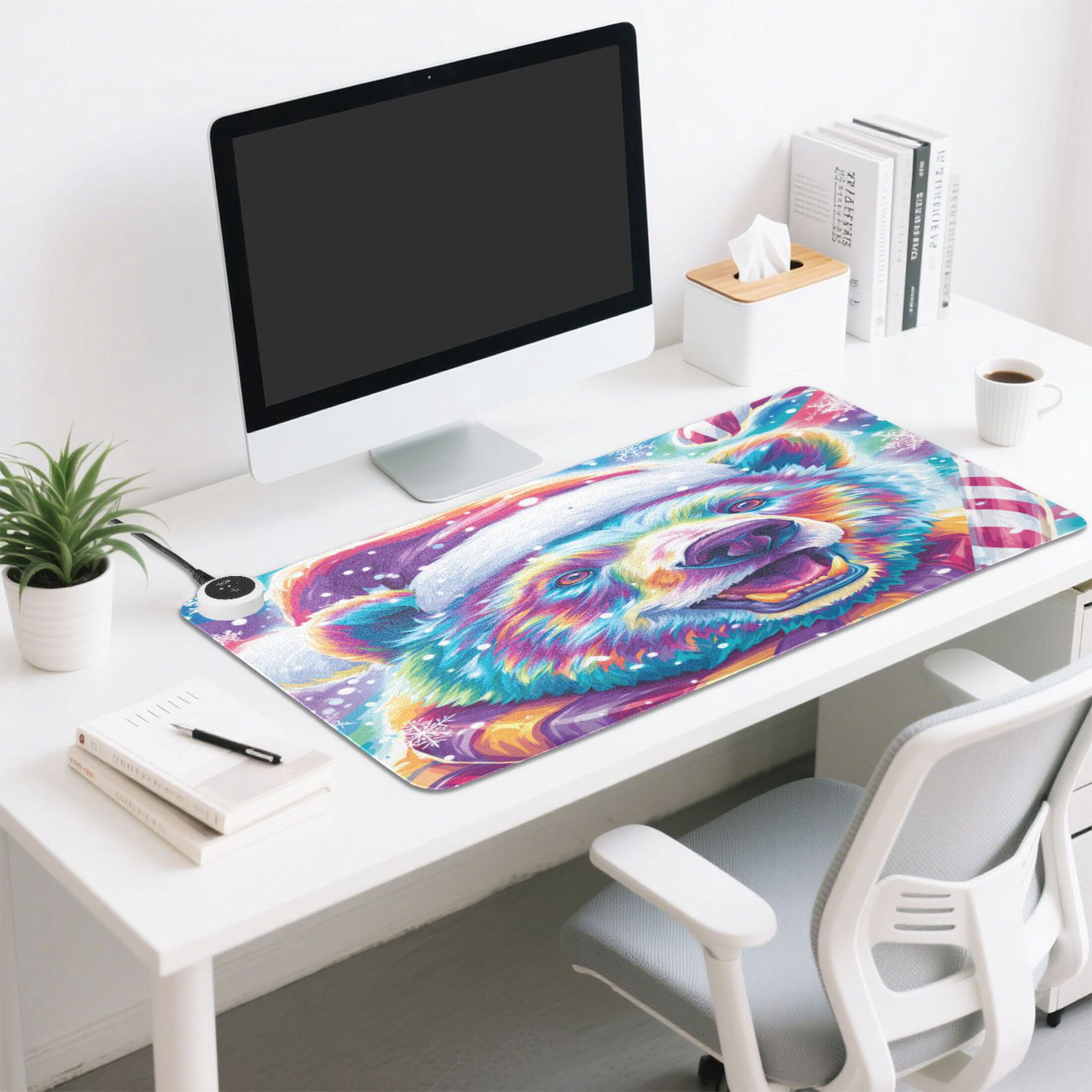 Large Heated Desk Mat Mouse Pad 31.5"x13"PU Leather Graphene Heating Desk Warmer with 3 Temperature Settings 110V US Plug Non-Slip Warm Pad for Home, Office, and Gaming Cute Smiling Polar Bear