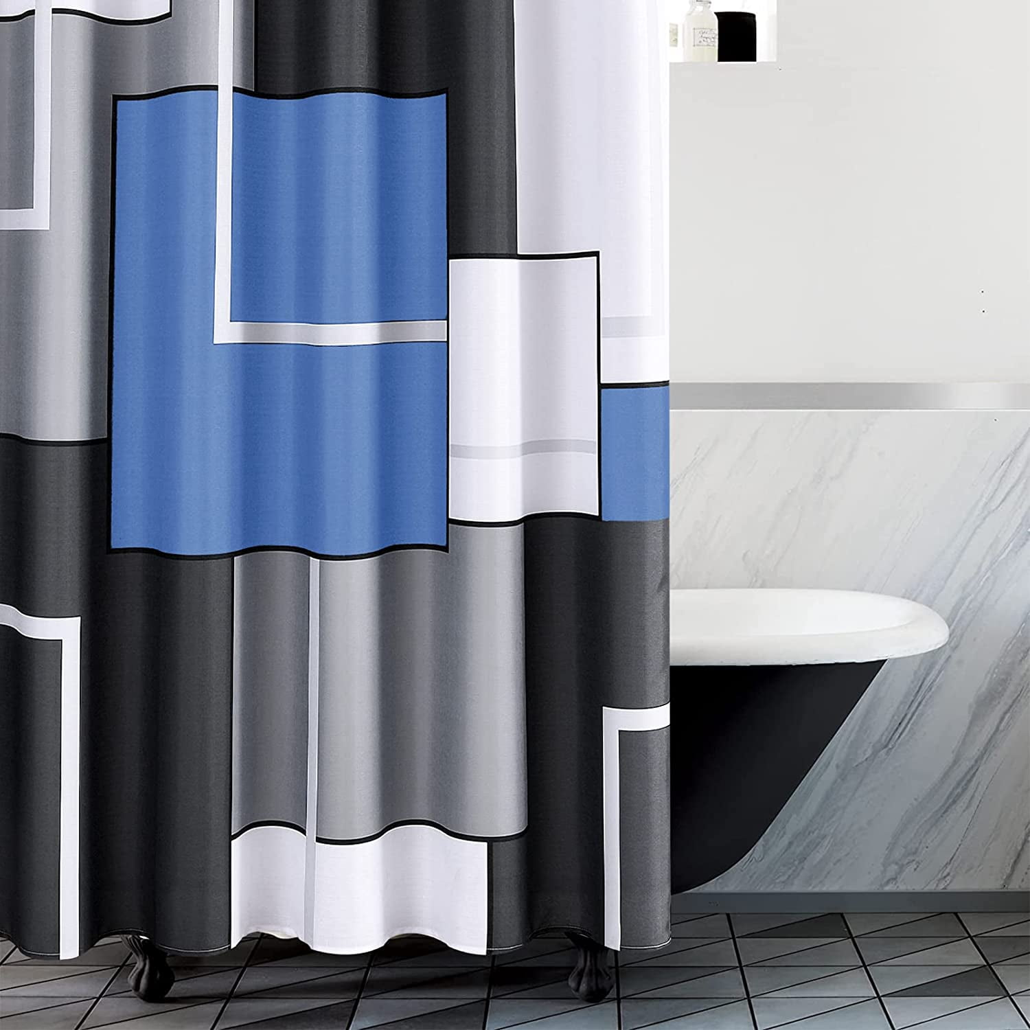 Shower Curtain Set with Hooks Blue and White Shower Curtain for Bathroom Fabric Grey Shower Curtain Geometric Bath Curtains Decorative Gray Shower Curtain Water Repellent, 72x72, Blue