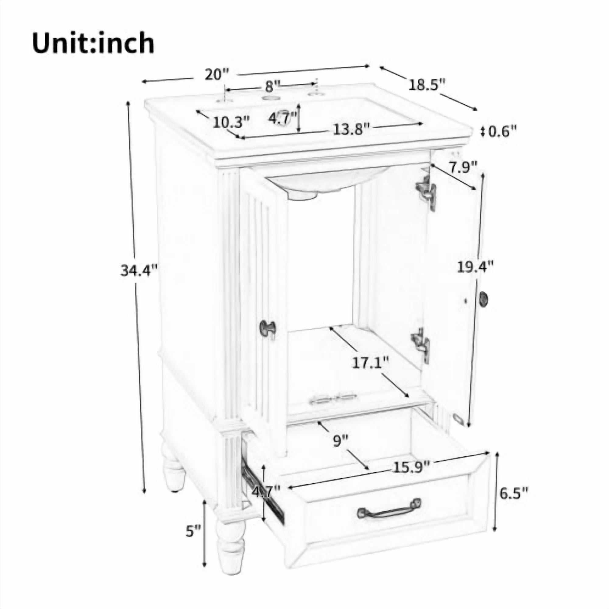 Taoruifang Black20" Bathroom Vanity with Sink, Bathroom Cabinet with Two Doors, Magnetic Door Stopper and Adiustable Foot Pads, A Drawer