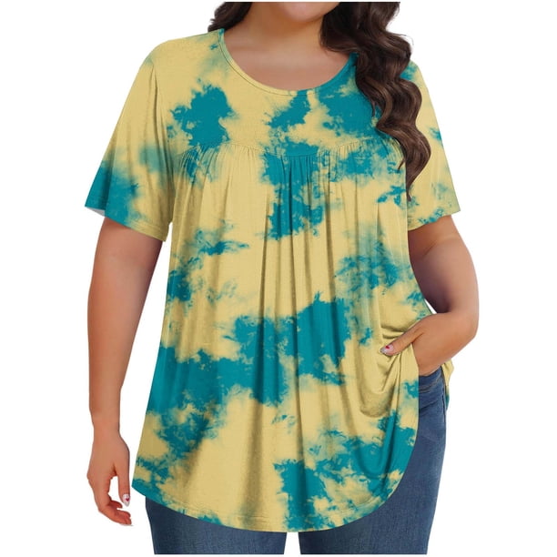 Tamaño Más Manga Corta Tops para las Mujeres Impreso Manga Corta Sólida Redonda Cuello Plegado Blusa, Poliéster Más Tamaño Superior, Lavado a Mano