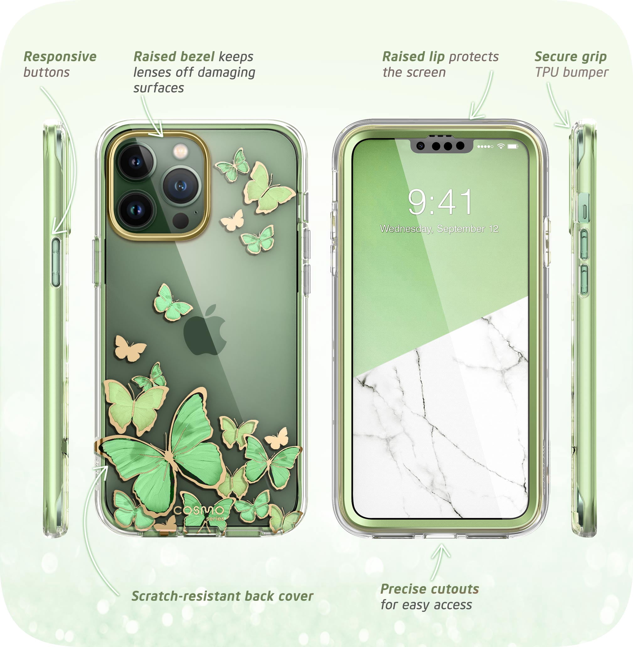 i-Blason Cosmo Series iPhone 13 Pro Max Case 6.7 inch (2021 Release), Slim Full-Body Stylish Protective Case for iPhone 13 Pro Max with Built-in Screen Protector (Mintfly)