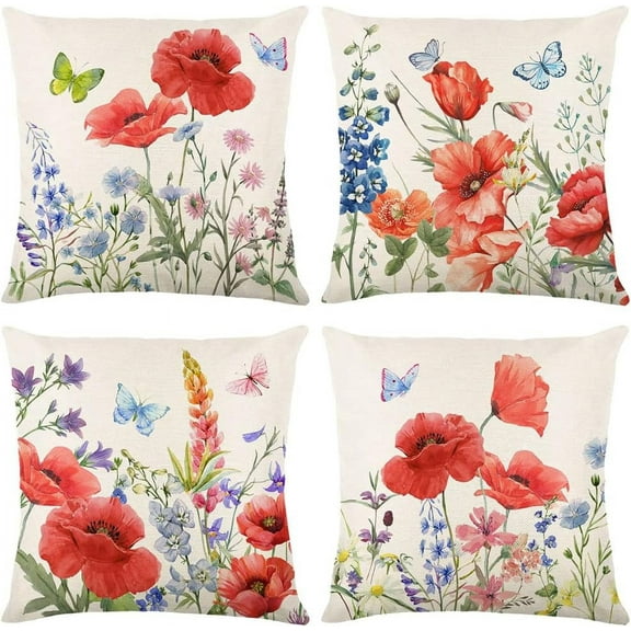 4 Pcs Red Poppy Floral Pillow Covers Spring Summer Fall Vintage Decorative Rustic Farmhouse Thorw Pillow Covers for Indoor Outdoor Sofa Living Room Paito Décor (18"X18")