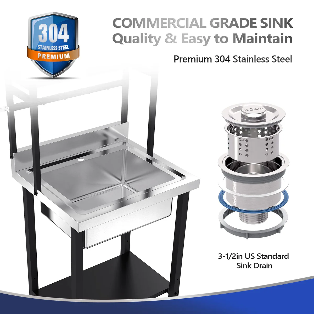 Ktaxon 28" × 24" Stainless Steel Utility Prep Sink with Adjustable Shelves, One Compartment Freestanding Sink with Backsplash & 3.5" Drain