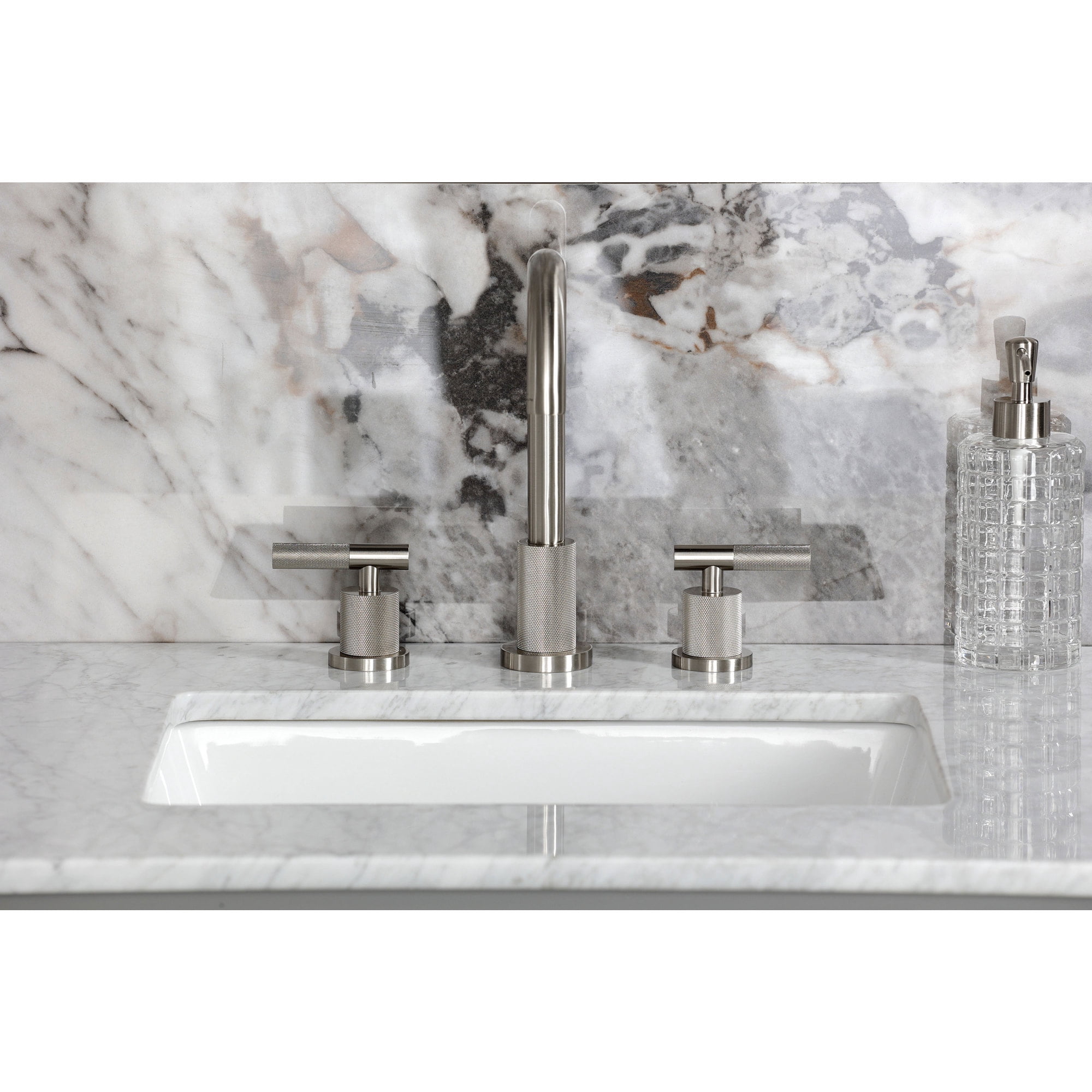 Kingston Brass FSC8928KNL Convergent Two-Handle 3-Hole Deck Mount Widespread Bathroom Faucet with Knurled Handle and Brass Pop-Up in Brushed Nickel