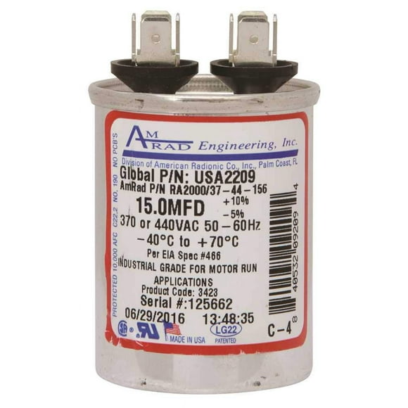 Amrad Engineering Usa2209 Series Round Usa-Made Motor Run Capacitor 15 Mfd 370/440 Vac-132325