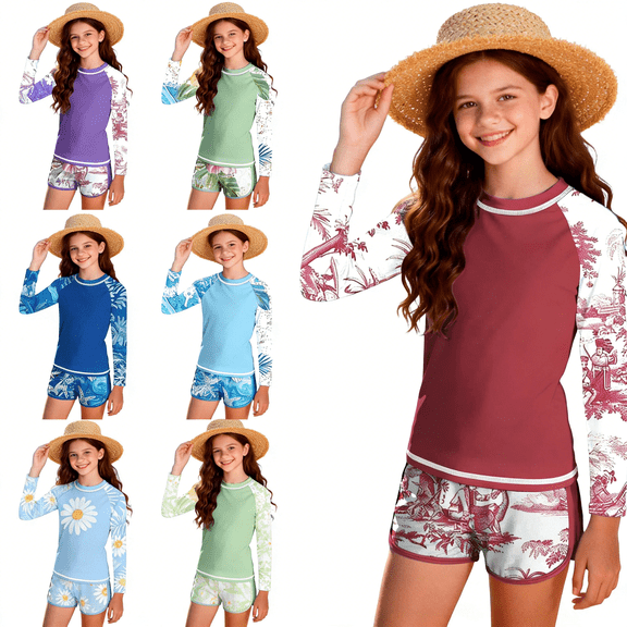 HAOTAGS Girls Long Sleeve Swimuit,Conservative Sun Protection Elastic Waist Rash Guard Swimwear Wine 12