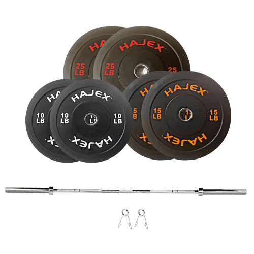 HAJEX Olympic Bumper Weight Plates Set with Barbell (6ft) - Pairs of 10 LB, 15 LB, 25 LB Weights - 100 LB Stack