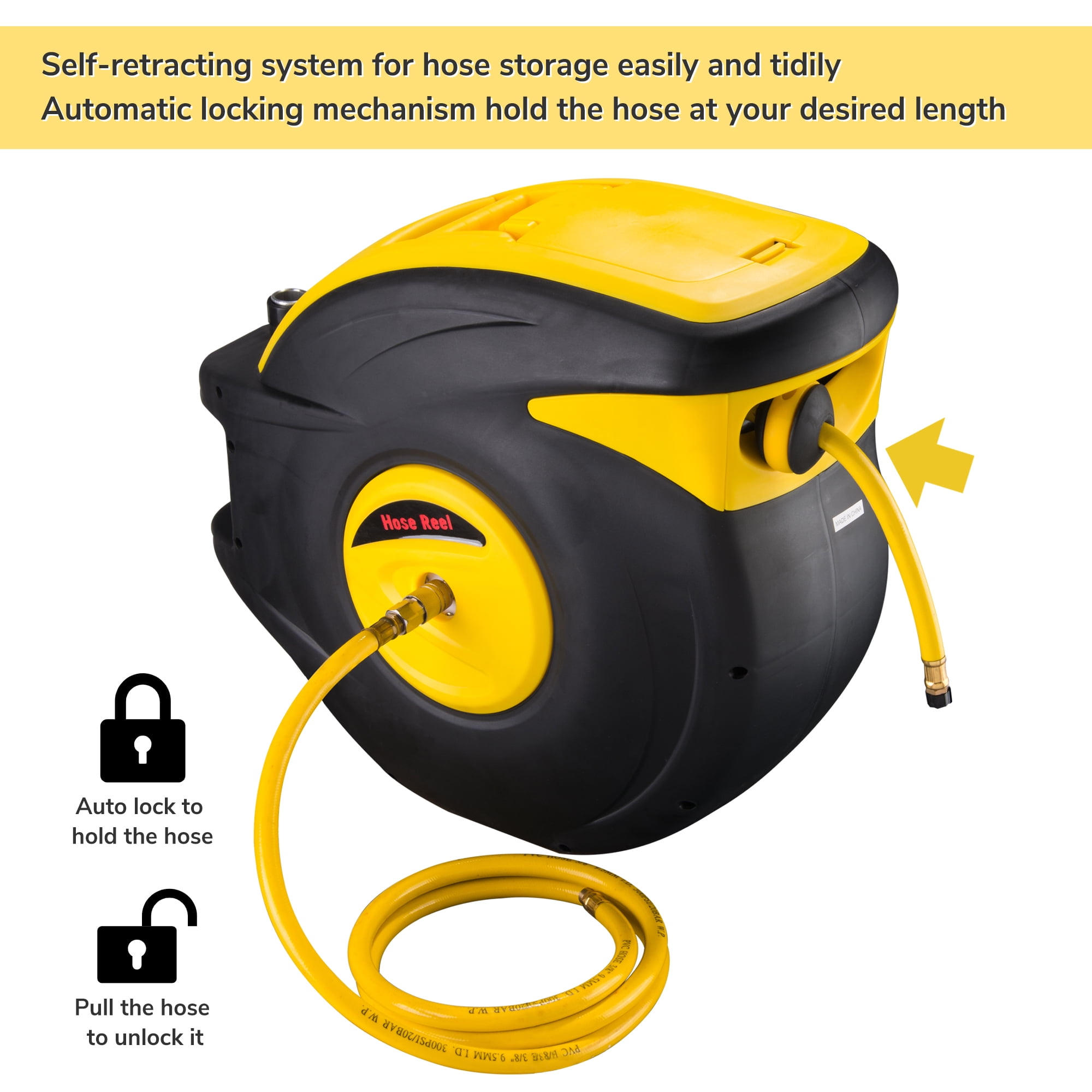 Yescom 3/8" x 100 ft Retractable Air Hose Reel 300 PSI Max Auto Rewind Ceiling / Wall Mount 180° Swivel Air Compressor