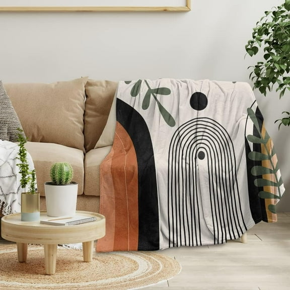 Abstract Modern Throw Blanket Boho Minimalist Mid Century Sun Aesthetic Soft Warm Bed Bedding Women Blankets for Couch Bedroom Sofa Office Cozy Flannel Blanket Orange Beige Black,60"X80"
