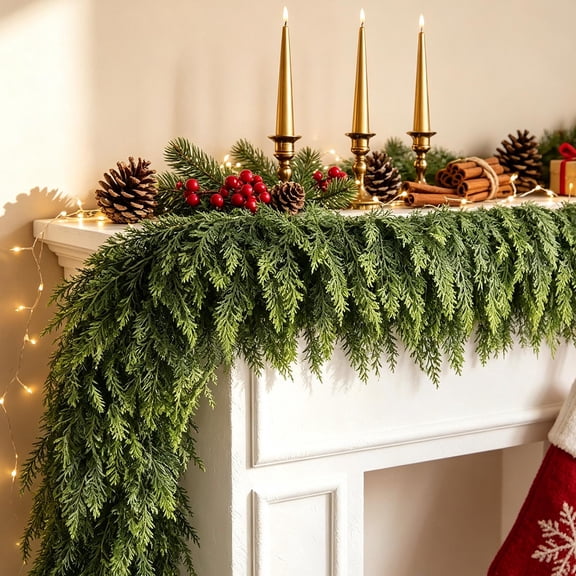 Suncoda Christmas Garland, Christmas Decorations - 4.9 ft Pine Needle Berry Vines Wreath, Xmas Garland for Mantle Table Porch Window Stairs Door