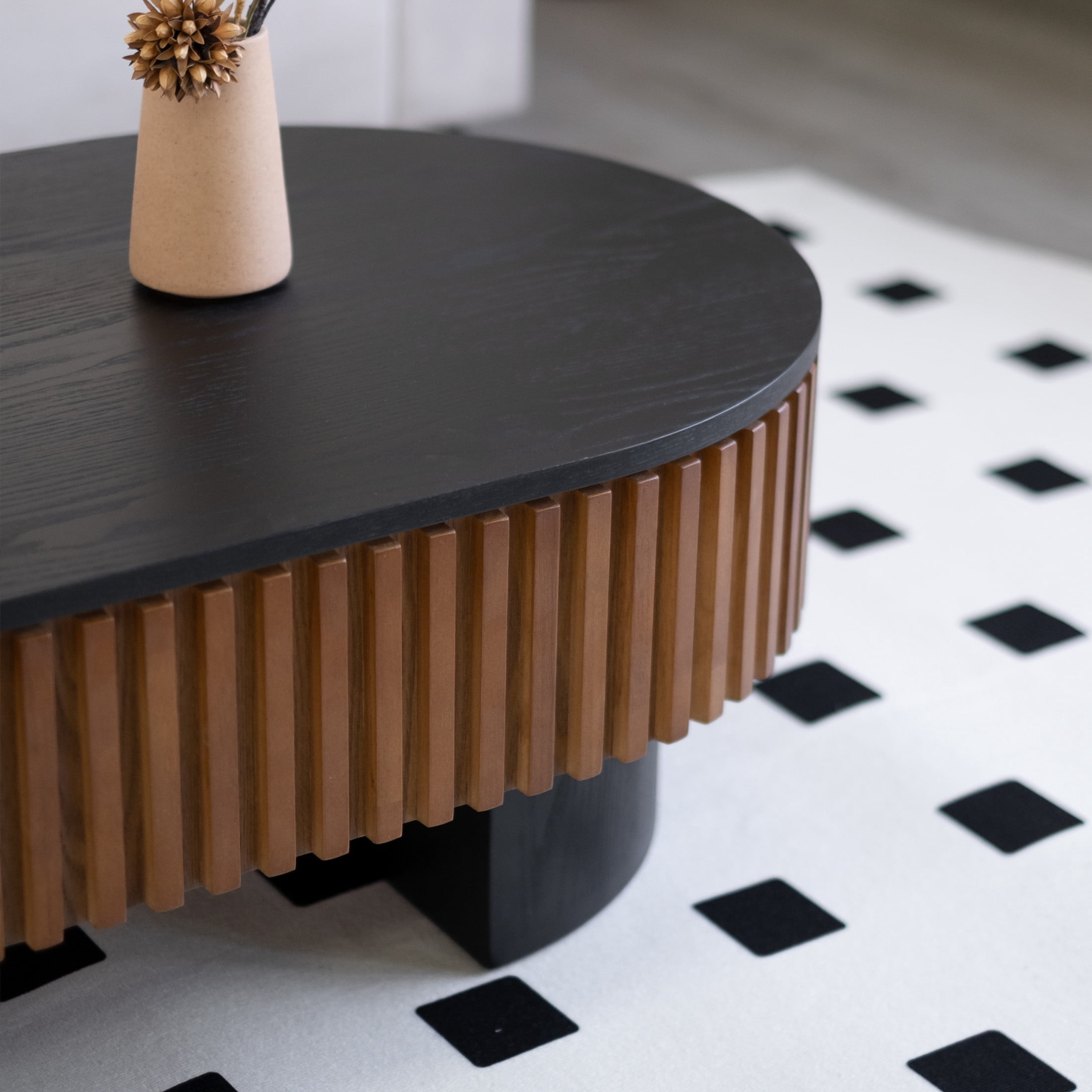 Noble House Mourade 44" Elliptical Coffee Table with Hidden Storage, Modern Fluted Mushroom Accent Table, Black