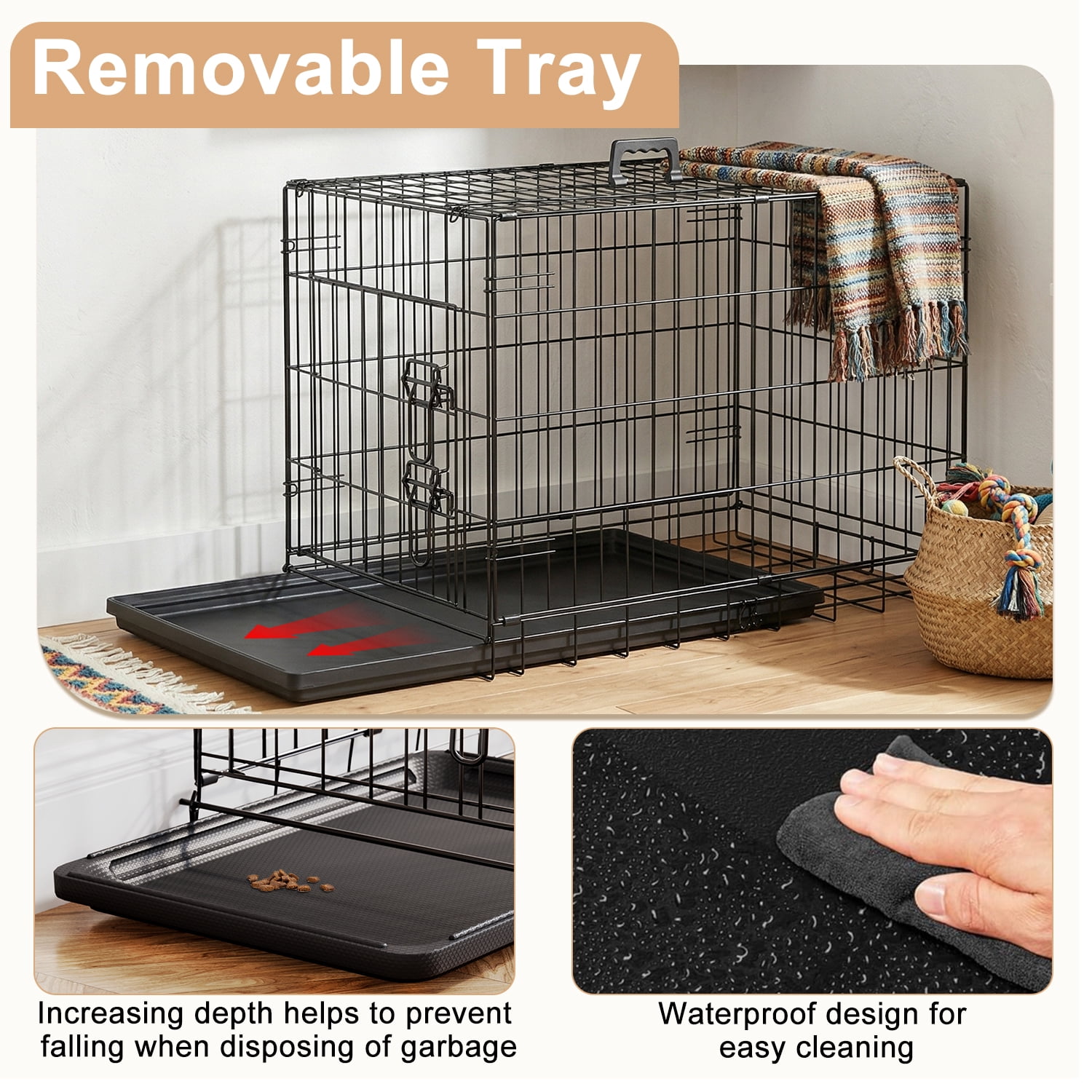 FDW 30 inch Dog Crate Pet Cage with Metal Folding Design Plastic Tray Indoor Outdoor Dog Kennel Cage for Small and Medium Dogs,Black