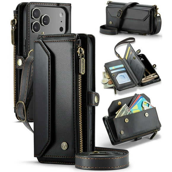 CaseMe Étui Portefeuille en Cuir for iPhone 17 Pro 6,3 Pouces [Blocage RFID] avec Porte-Cartes 7 Cartes, Fente pour Billets à Glissière, Bandoulière et Dragonne Magnétiques en Cuir PU Souple, Étui Portefeuille for iPhone 17 Pro 6,3 Pouces pour Femmes