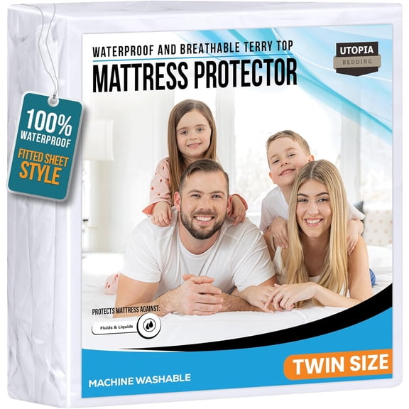 Waterproof Mattress Protector Twin Size, Premium 200 GSM Terry Coer, Soft & Breathable Bed Fitted Sheet Style with Stretchable Deep Pockets 15" (White)
