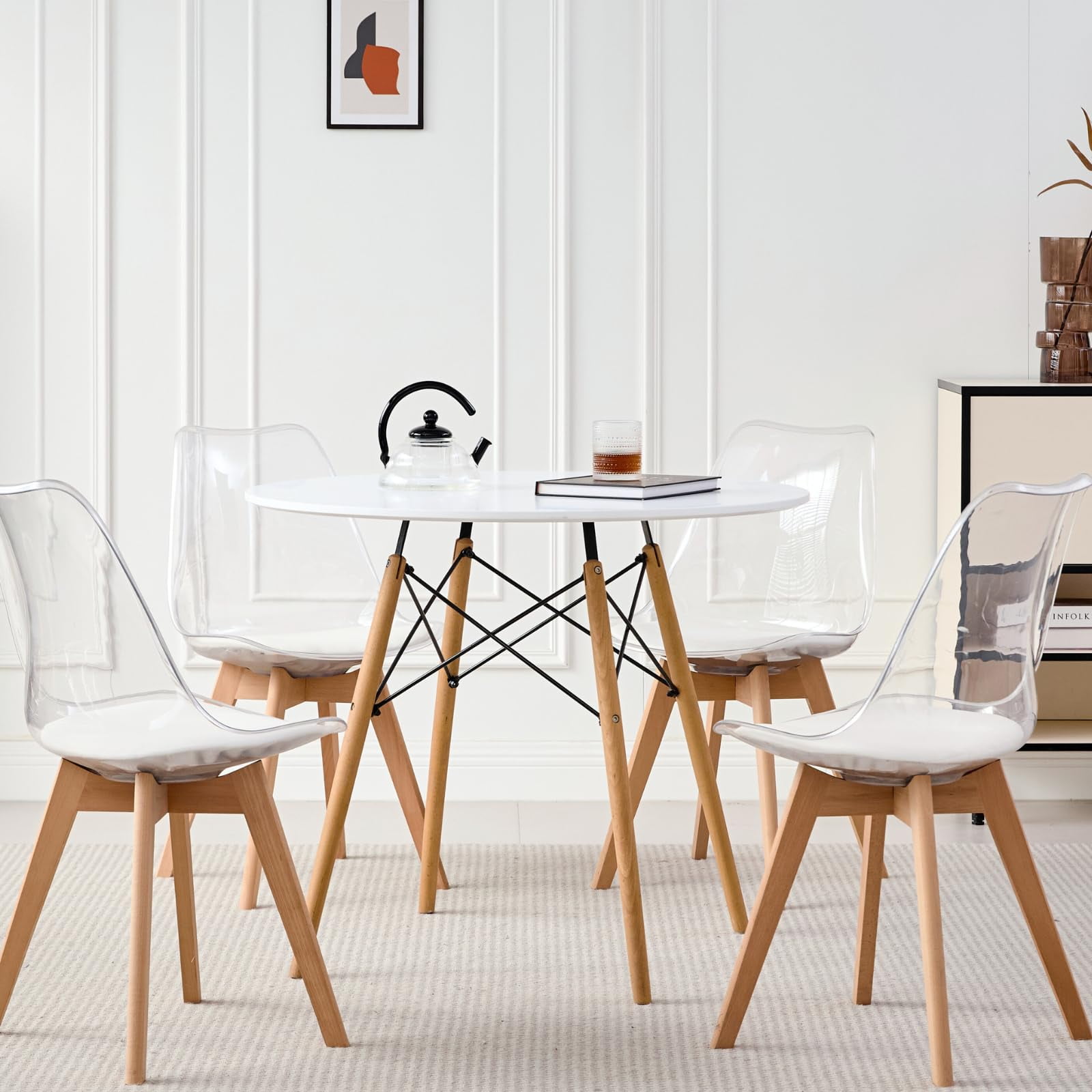 Dining Chairs Set of 2, Clear Acrylic Mid Century Modern Kitchen Chairs with Soft Padded and Wood Legs for Dinner, Living Waiting Room, Bedroom, Apartment, Transparent