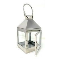 Serene Spaces Living Decorative Burnished Silver Finish Steel & Glass Square Lantern, Metal Tabletop or Hanging Candle Lantern for Wedding, Event, Patio, Garden, Home, Measures 8" Tall & 4" Square…