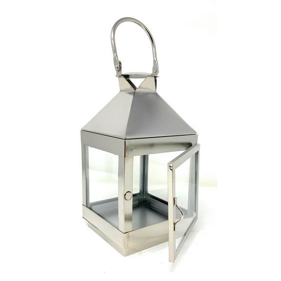Serene Spaces Living Decorative Burnished Silver Finish Steel & Glass Square Lantern, Metal Tabletop or Hanging Candle Lantern for Wedding, Event, Patio, Garden, Home, Measures 8" Tall & 4" Square…