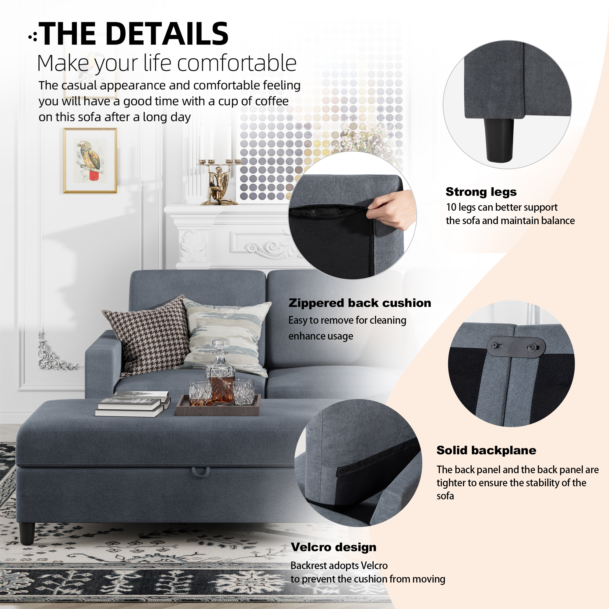 Walsunny Sectional Sofa bed Linen Couch L Shaped 4 Seat with Storage Ottoman Dark Gray - image 4 of 7