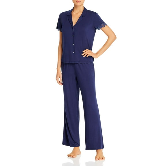 Josie Lace-Trim Jersey Knit Pajama Set, Navy, Small