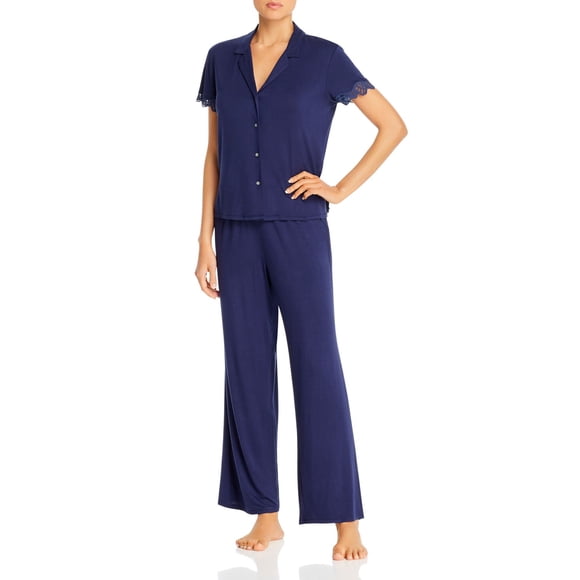 Josie Lace-Trim Jersey Knit Pajama Set, Navy, Small