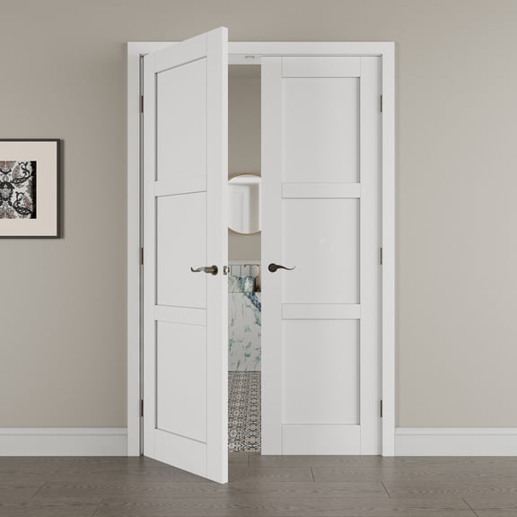 48" x 80" 3 Panel Double Doors with French Door Ready-to-Assemble Jamb, Solid Core Door, Black Levers & Hinges, Interior Door, Pre-finished & Paintable, White