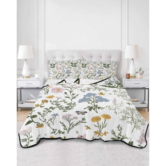 Quilts Queen Size, Spring Summer Floral Soft Comforter Bedding Set for Bed, Butterflies Botanical Farmhouse Lightweight Quilted Bedspread with Pillow Cover(2 Pieces) for All Season, 90x96 Inch