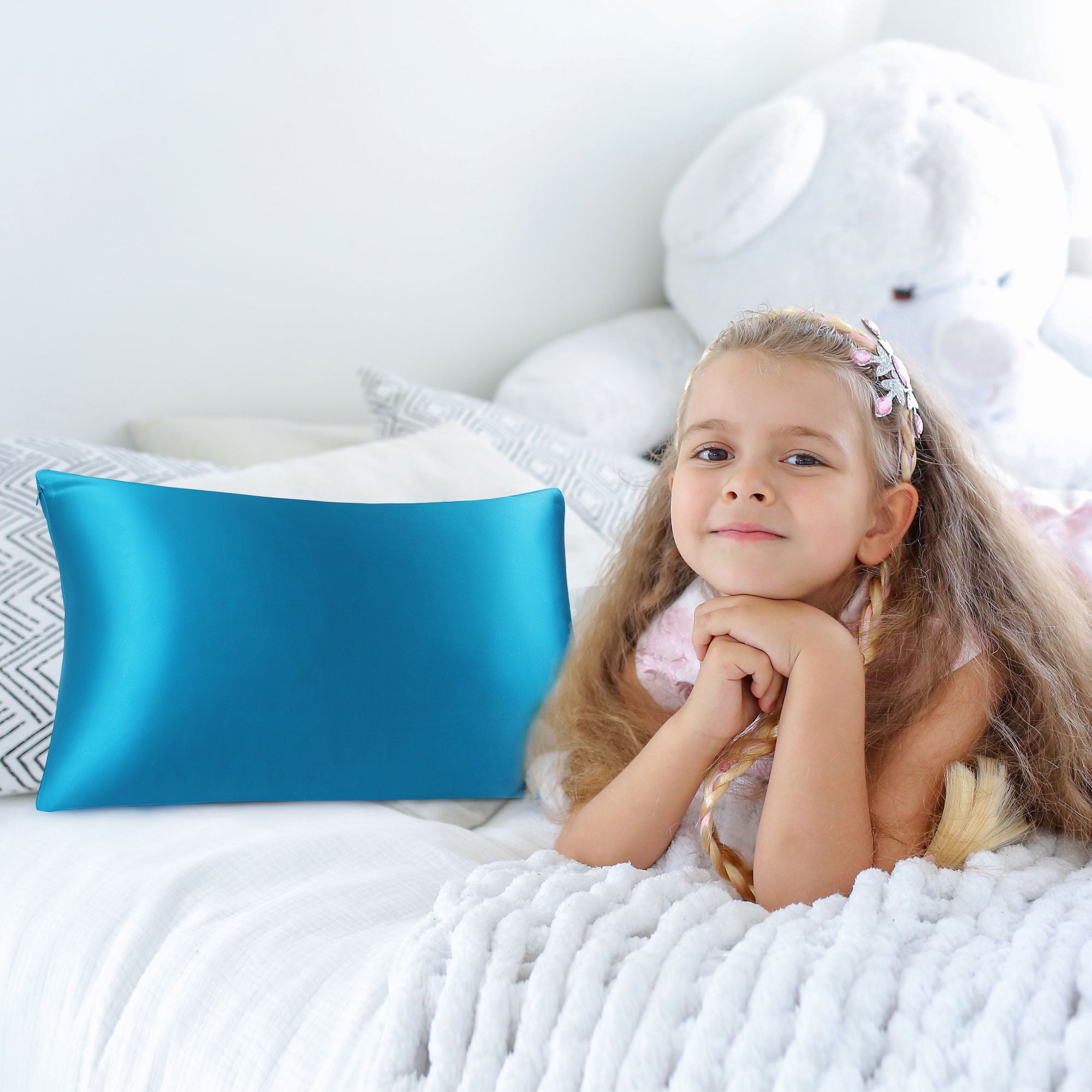 REGALWOVEN Silk Pillowcase Travel Silk Pillow Cover for Hair and Skin with Zipper Closure, Peacock Blue 14" x 20"