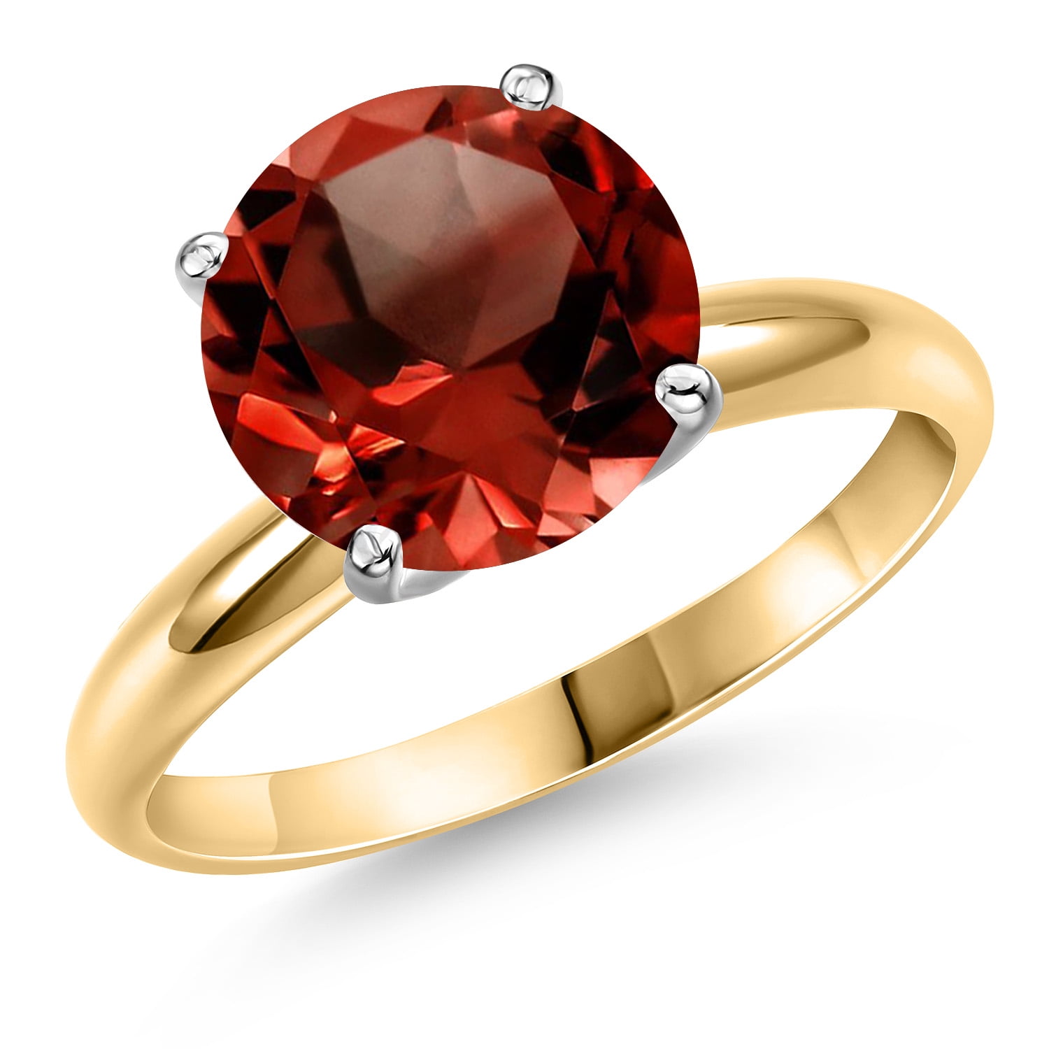 Gem Stone King 14K Two Tone Gold Red Garnet Solitaire Engagement Ring for Women | 3.60 Cttw | Round 10MM | Gemstone January Birthstone | Size 6