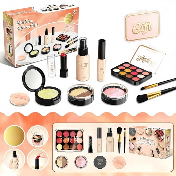 Pretend Makeup Kit for Girls Ages 3 , Kids Fake Makeup Set with Eyeshadow Lipstick Brushes & More, Non-Toxic Beauty Salon Role Play Toys for Toddlers Little Girls Christmas Birthday Gifts