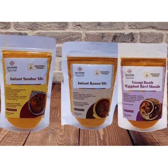 Mylapore Kitchen Combo J – Instant Sambar, Rasam, Panakam & Egg Plant Rice Mix, pack of 4, 420 G – Gluten-Free & Vegan