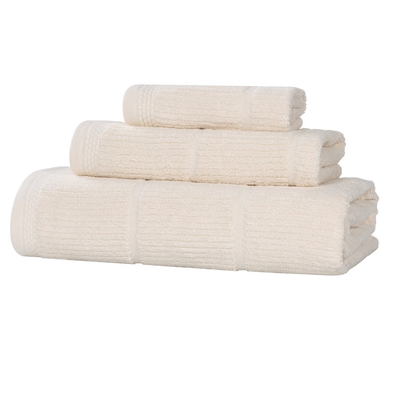 Superior Milo 3 Piece Smart Twist Cotton Towel Set, Medium Weight Ribbed Design Towels, Ivory