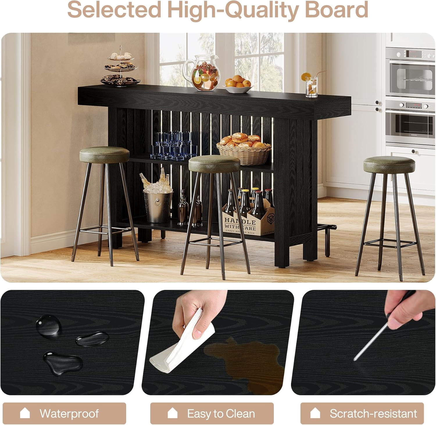 All Black Bar Table with 2-Tier Storage, 62.99" x 15.75" Large Top, Sturdy Modern Bar Cabinet for Multi-Spaces