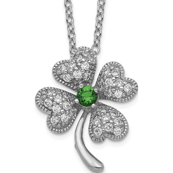 Sterling Silver Cheryl M Rhod-Pl Green Glass & Cz Clover Necklace (18 X 15) Made In China qcm367-18