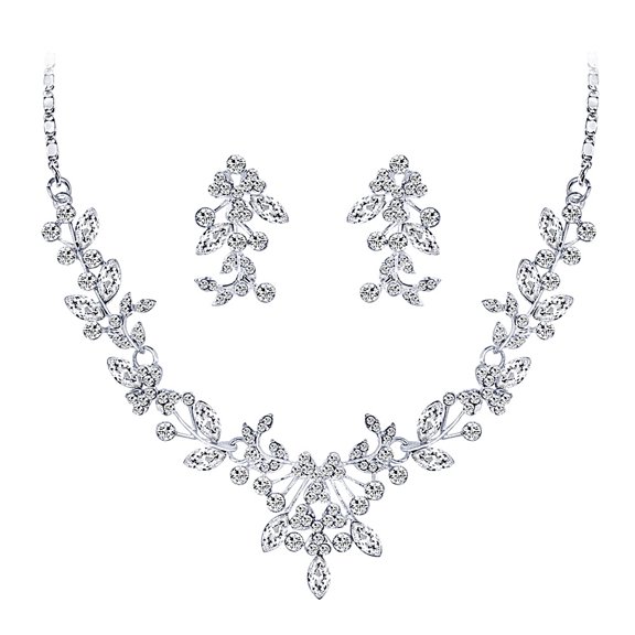 Yesbay Women Wedding Party Rhinestone Shiny Floral Necklace Earrings Jewelry Set Gift,Silver