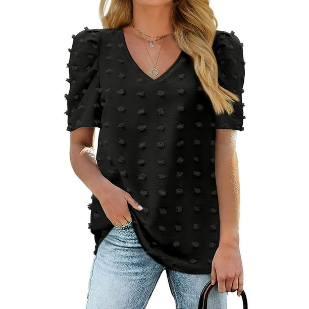 Tops de manga corta con mangas abullonadas camisa de lunares suizos con cuello en V abombado de verano blusa de manga abullonada de moda tecnologia de vanguardia Bodega Aurrera en linea