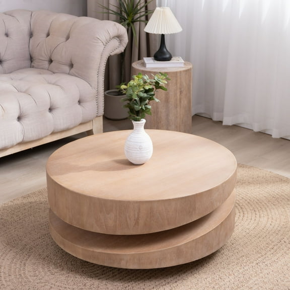 Lisonu 31" Modern Round Wood Coffee Table, Sculptural Low-Profile Center Table with Two-Tier Design for Living Room, Natural Finish
