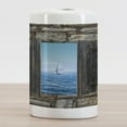 thumbnail image 2 of Nautical Ceramic Toothbrush Holder, Image of a Sailing Boat from Stone Window Narrow Perspective Idyllic Mediterranean, Versatile Countertop for Bathroom, 4.5" X 2.7", Grey Blue, by Ambesonne, 2 of 4