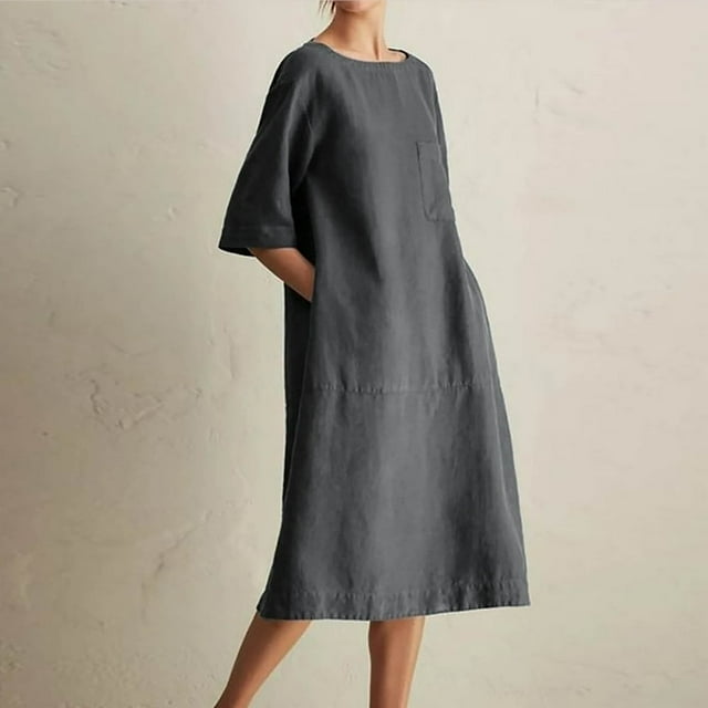JUNWELL Caftan Ample Robe Longue pour Femmes Grande Taille Robe en Lin Été Décontractée Sans Manches Col Ras du Cou Poches Robe Maxi
