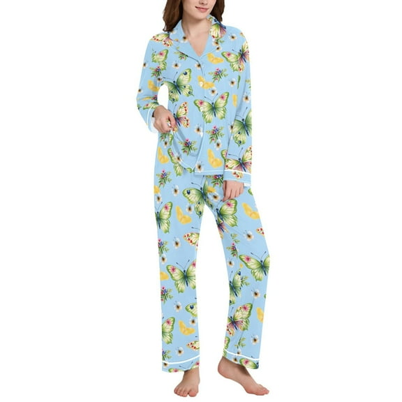 joogoo Pajamas Set for Women Butterfly Floral Long Sleeve Pjs Loungewear L