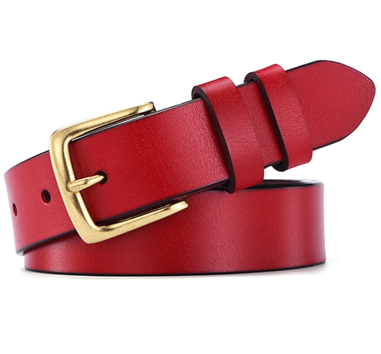 Women's Classic Gold Color Metal Buckle Handcrafted Leather Jean Belt