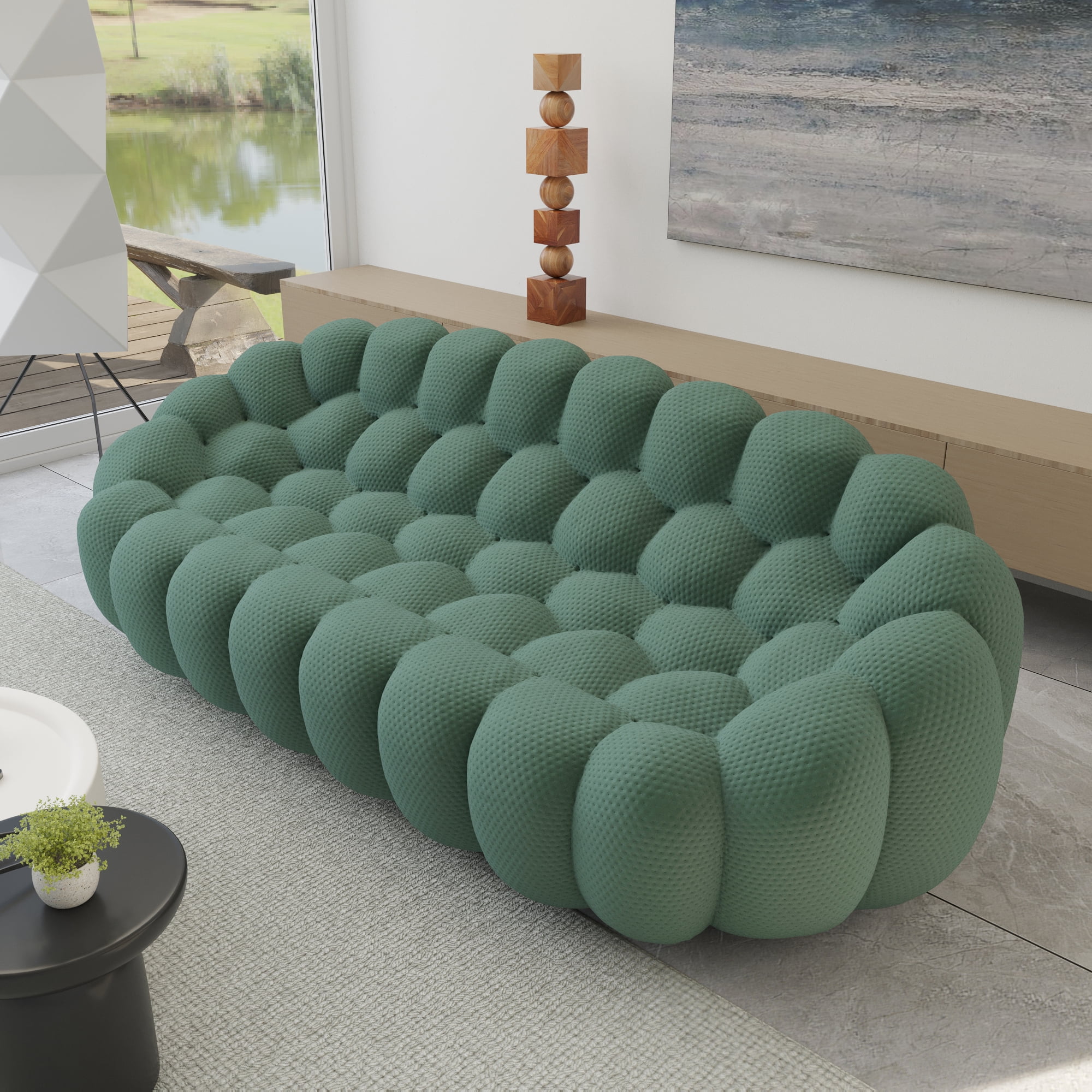 Sodrens 98.43" Bubble Couch,Modern Upholstered Mesh Fabric Lazy Floor Sofa,3D Honeycomb Shape Bubble Sofa Curved Couch for Living Room,Office,Apartment,No-Assembly(Green,3-Seater)