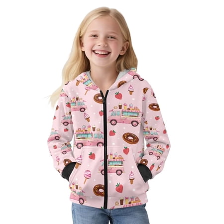 POLERO Girls Zip Up Hoodies Ice Cream Truck Print Teen Pink Long Sleeve Hooded Sweatshirts Jackets Kids Fall Warm Outfits Winter Clothes Size M