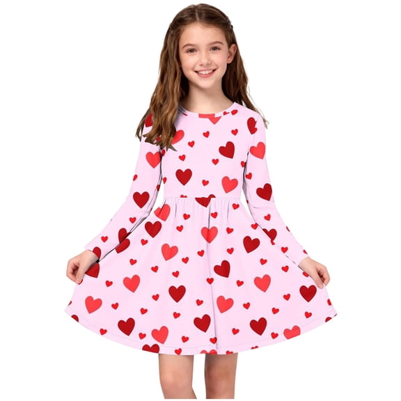 Pink Girls Dress with Red Heart Print - Long Sleeve Stretchy Soft Easy Care, Size 4-14 Years for Spring Fall,Size 7-8 T