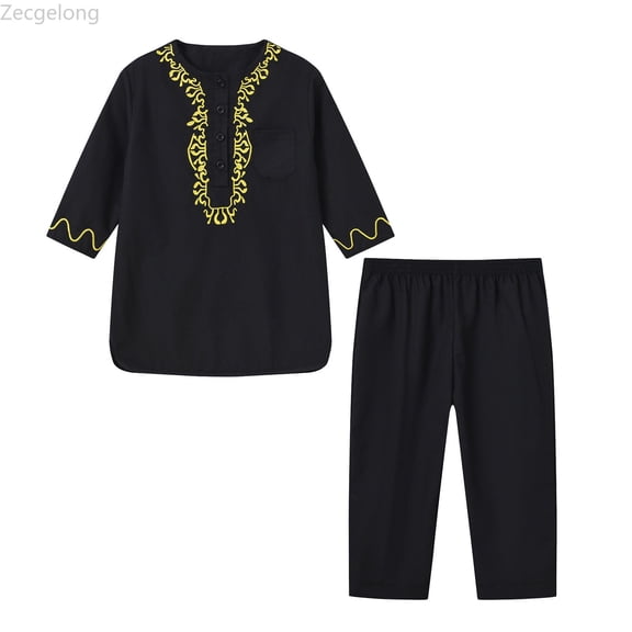 Zecgelong Boy's Solid Color Thobe Long Sleeve Embroidered Robe with Pants Outfits Size 3-4 Years
