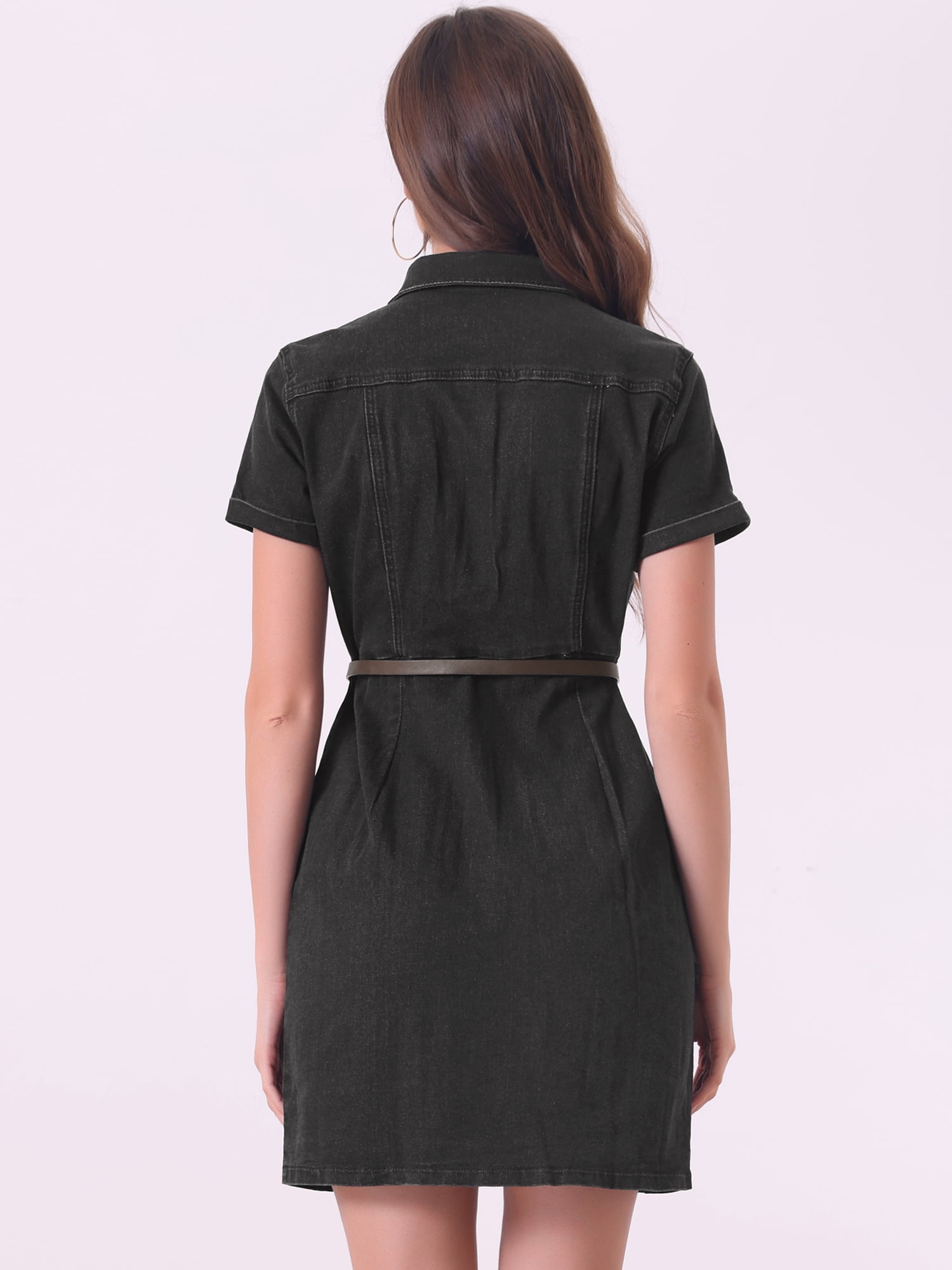 DARING DIVA Button Down Casual Collared Short Sleeve Denim Shirt Dress XS Blue S Black