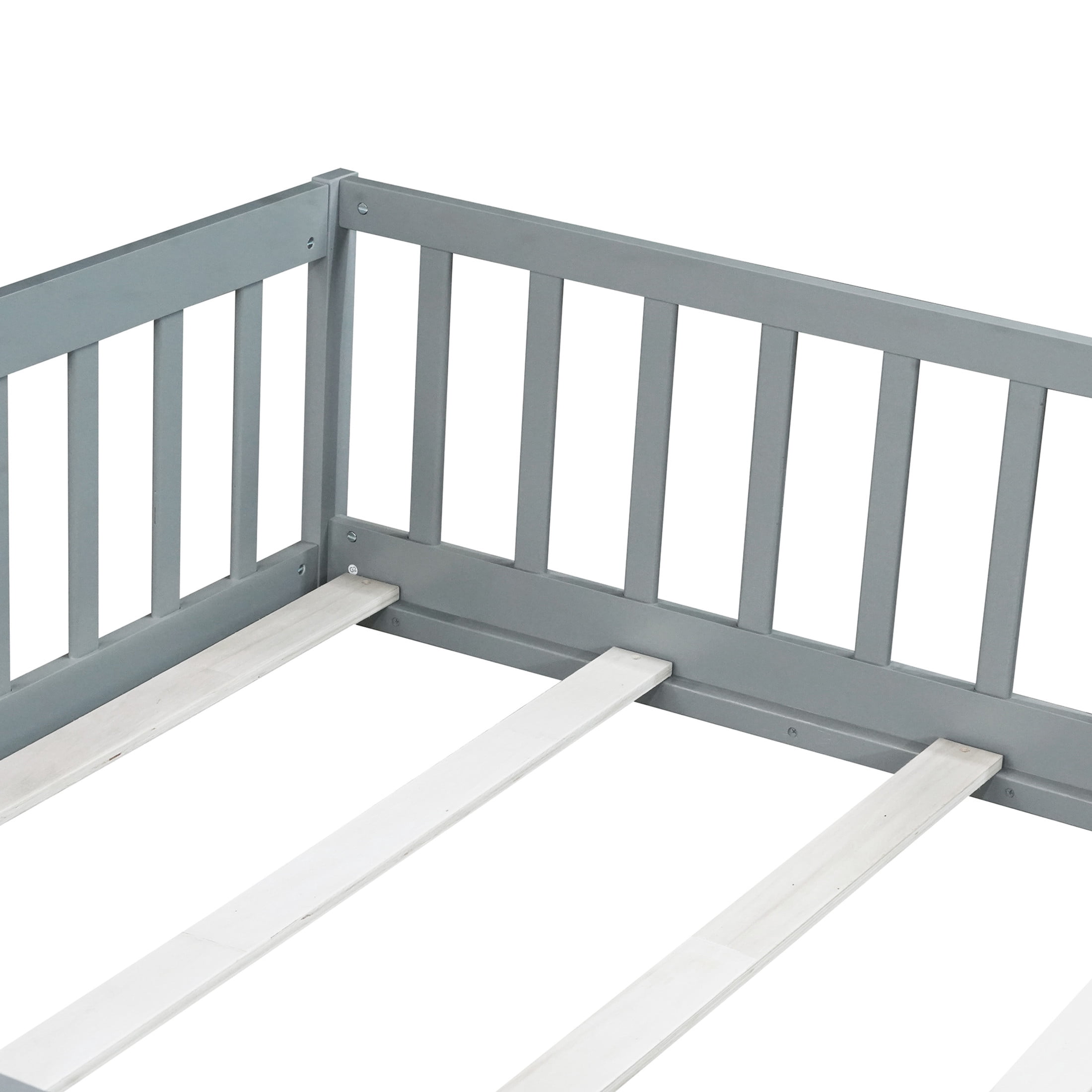Noble House Mira Full Floor Bed with Fence and Door, Sturdy Rubber Wood Montessori Bed Frame, Kid's Room, Gray