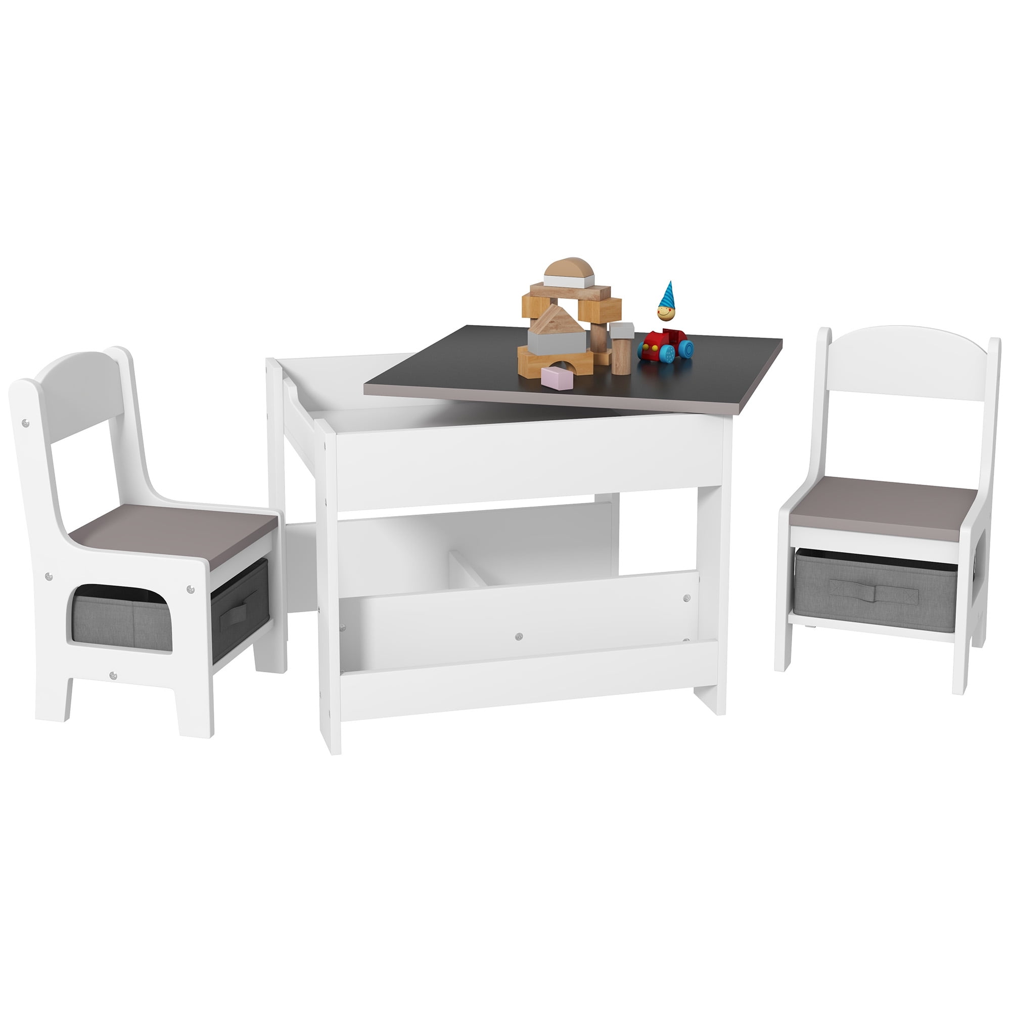Qaba 3PCs Kids Table and Chair Set with Blackboard & Storage, Gray