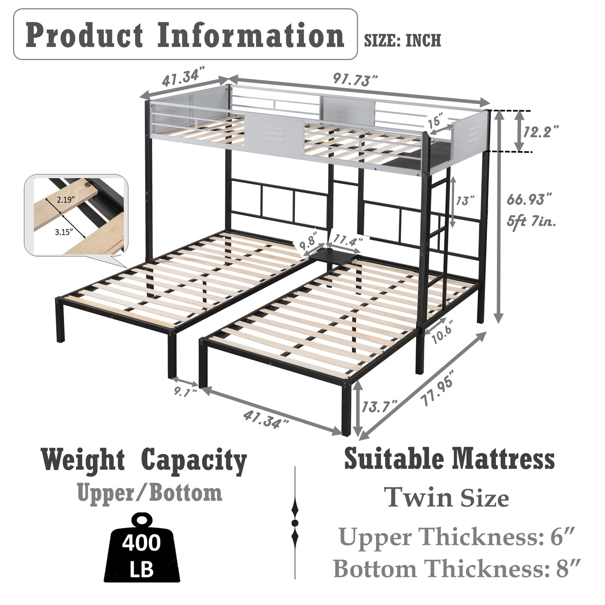 Aukfa Metal Triple Bunk Bed with Wooden Slats for Kids, Convertible to 3 Twin Bed Frame, Noise Free, Black